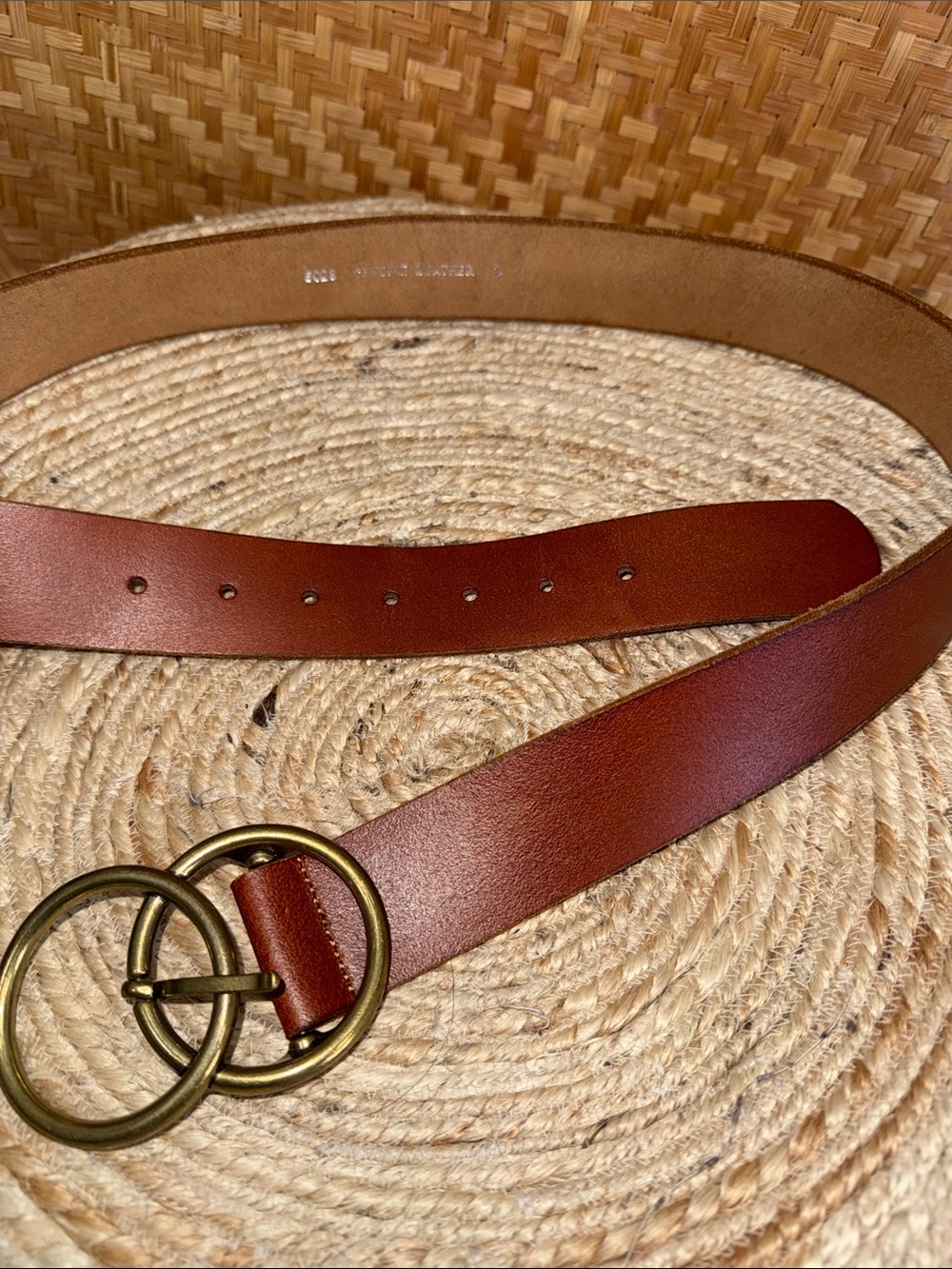 Genuine Leather Double Ring Belt Cognac Brown Brass Buckle Size L - Picture 6 of 8